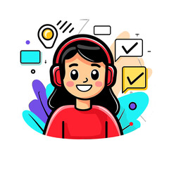 Poster - Smiling Customer Service Representative with Headphones and Check Marks.
