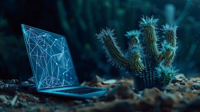 Futuristic laptop with a digital map on its screen beside a unique cactus.