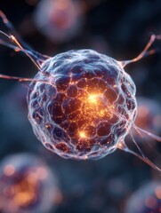 Poster - Glowing Orb Surrounded by Synaptic Lines Illustrating Complex Neural Connections in a Futuristic Concept