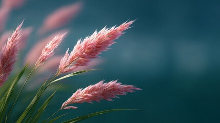 Poster - Delicate pink pampas grass swaying gently in the breeze. This image captures a serene natural scene. Perfect for backgrounds and floral designs. Soft colors enhance the calming effect. AI