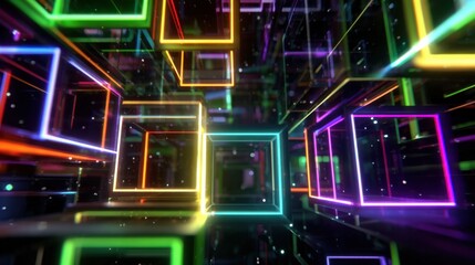 Fototapete - Vivid 3D cubes and rectangles in various colors float within a dark space, creating an immersive digital atmosphere that captivates the viewer's attention.