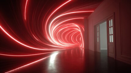 Poster - A glowing red light tunnel flows through an empty corridor, creating an ethereal atmosphere. The contrast with the white walls and dark floor highlights the surreal effect of the lights.