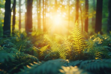 Fototapete - Sunbeams shine through the forest trees illuminating ferns on the ground during morning sunrise