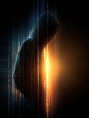 Fototapete - Silhouette of a Hacker With Flowing Data and an Abstract Glow Against a Dark Background