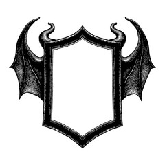 Wall Mural - blank crest shield with devil wings horn black and white outline line art drawing vintage style