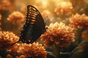 Poster - Brown butterfly rests on flowers in a sunny field during Golden Hour, creating a warm and peaceful springtime feeling