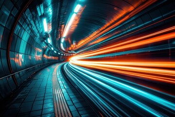 Poster - Inside rapid underground transportation tunnel with blurred lights showing motion and acceleration, concept for speed and innovative travel