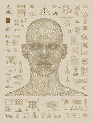 Poster - Human Wireframe Design Filled With Warning Icons in Neutral Beige Color Showcasing Various Symbols and Indicators for Digital Environments