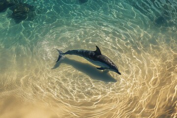 Aufkleber - Dolphin swimming in shallow, clear turquoise water along sandy coastline during day