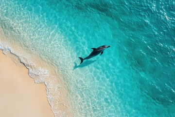 Aufkleber - Dolphin swimming in shallow, clear turquoise water along sandy coastline during day