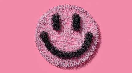 Aufkleber - Floating Thread Art Showcases a Laughing Face Symbol Against a Vibrant Pink Background, Blending Creativity and Joy in a Whimsical Design