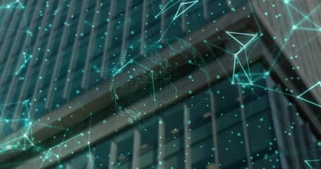 Poster - Teal nodes forming over office sparking wireframe globe rotating eastward showing global data flow