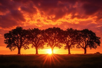 Poster - Fiery sunset lights row of trees during twilight in dark landscape, sun dips below horizon casting warm glow through branches