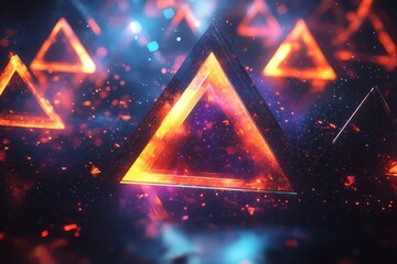Poster - Kaleidoscopic triangles with glowing, colorful cosmic textures create a dimensional visual experience