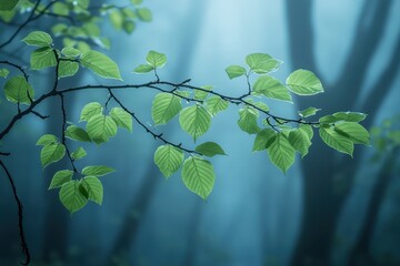 Fototapete - Young leaves emerge on tree branches in a misty, teal forest setting, evoking a sense of tranquility and the freshness of springtime