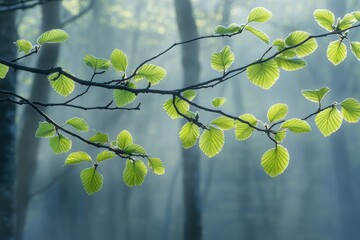 Fototapete - Young leaves emerge on tree branches in a misty, teal forest setting, evoking a sense of tranquility and the freshness of springtime
