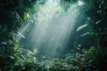 Aufkleber - Morning light streams through dense foliage creating ethereal glow in a tropical jungle