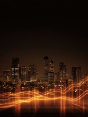 Poster - Glowing Data Lines Flow Across an Illuminated Cityscape at Night, Highlighting Urban Energy and Modern Technology