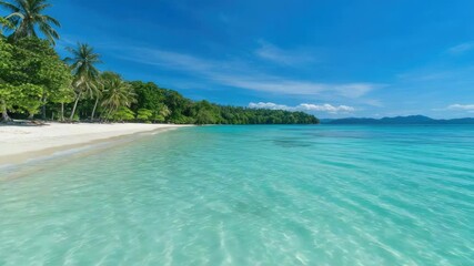 Wall Mural - A tranquil scene of a sandy beach with crystal-clear blue water and palm trees swaying in the breeze
