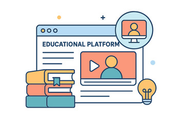 Poster - A 3D illustration representing education and e-learning concepts, featuring an icon composition with a website interface that incorporates an educational platform, online lessons, video lectures, and