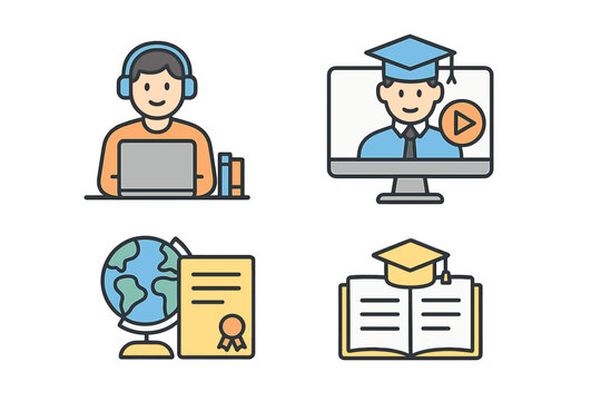 Vector graphics collection for online educational purposes, including distance learning and internet-based student training, represented in linear, contour, thin, and flat design, suitable for
