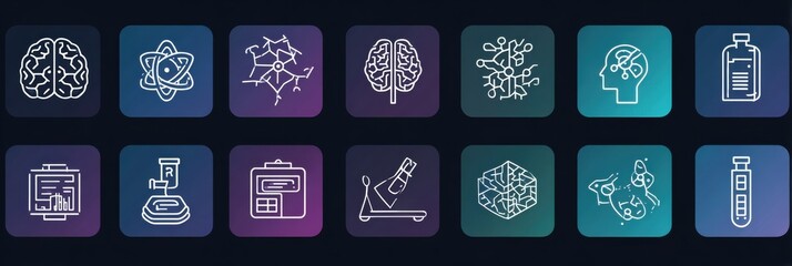 Aufkleber - Grid of Modern Minimal Outline Icons Related to Nerve Science and Research Used for Educational Purposes in a Healthcare Setting