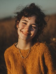 Aufkleber - Golden Light Illuminates a Gentle Smile in the Middle of an Empty Field During Sunset