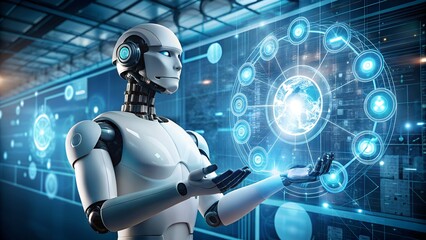 This captivating 3D illustration features a futuristic cyber woman with binary code, embodying the intersection of technology, science, and the future of human-computer interaction