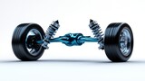 A detailed rendering of an automobile suspension system featuring dual rear tires, showcasing mechanical precision and automotive engineering in a sleek and modern design.