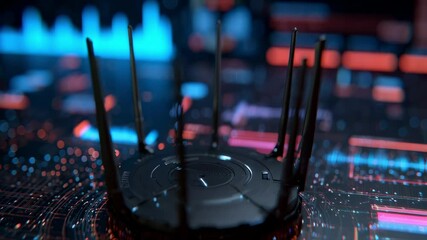 Poster - Futuristic router with multiple antennas is transmitting data in a digital environment, ensuring high speed internet access and showcasing innovation in networking technology