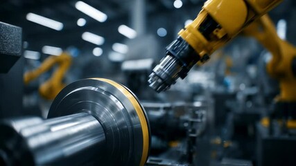 Poster - in a modern industrial setting, a robotic arm meticulously applies lubricant to a rotating metal com