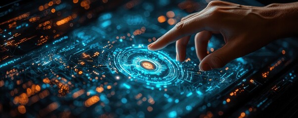 Poster - Hand interacting with futuristic touch screen showcasing advanced digital visuals