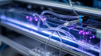 Poster - transparent tubes transporting liquid in advanced laboratory equipment, illuminated by purple lights