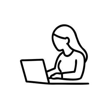 Woman with Long Hair Working on Laptop Computer Simple Line Art Illustration Handmade Design