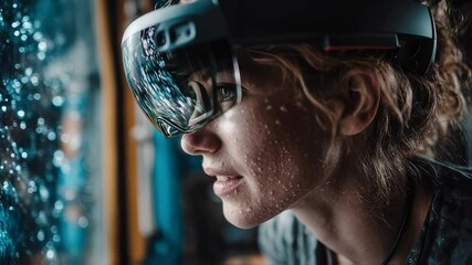 Poster - female engineer with sweat on her face using an augmented reality headset while working on an innova