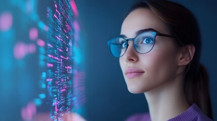 IT professional analyzing code, Female developer portrait, Tech industry concept, Digital programming backdrop, Focused innovation styling, Modern software headshot, Copy space

