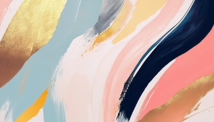 Poster -  abstract gold, coral, and blue fluid brushstroke painting for modern branding, web design, or luxury print media with textured acrylic and metallic accents
