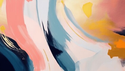 Poster -  abstract gold, coral, and blue fluid brushstroke painting for modern branding, web design, or luxury print media with textured acrylic and metallic accents