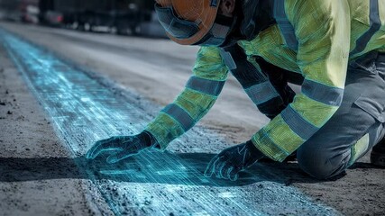 Poster - Construction worker wearing safety helmet and high visibility clothing interacting with futuristic augmented reality holographic interface, managing road work operations with innovative technology