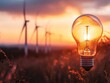 © Dariya - Glowing Lightbulb at Sunset with Wind Turbines in Background