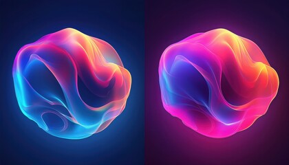 Poster - vibrant dual abstract energy spheres with neon wave texture on dark gradient background for digital artwork, branding, or futuristic web design concept

