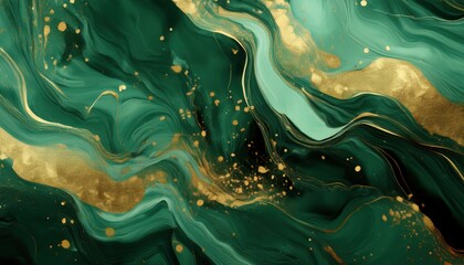 Poster -  luxurious emerald green and gold abstract marble texture with fluid metallic swirls and shimmering particles, ideal for branding, packaging, digital wallpaper, or modern web design