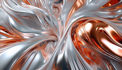 Poster -  liquid chrome and molten copper abstract texture with high gloss metallic waves and flowing reflections for modern web design, branding, or digital art background