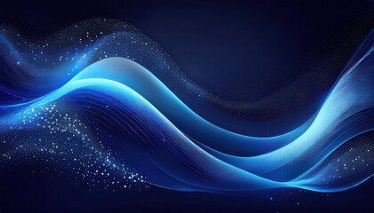 Poster -  abstract digital wave of flowing neon blue light and fine particles on a dark background for futuristic web design, branding, wallpaper, and tech themed visual art