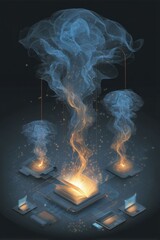 Poster - Futuristic concept of knowledge sharing with glowing book and technology interface