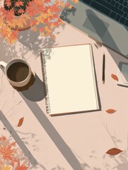 Aufkleber - Cozy Home Workspace With Falling Leaves and an Empty Notebook During Autumn