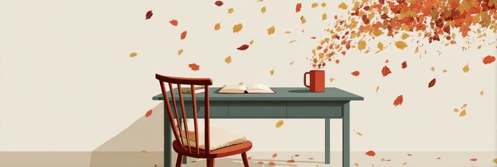 Aufkleber - Relaxing Flat-Style Home Desk With Falling Leaves and a Blank Notebook Inviting Creative Thoughts During Autumn