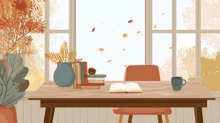 Aufkleber - Cozy Flat-Style Desk Setup With Falling Leaves and a Blank Notebook Inviting Creativity in a Tranquil Autumn Setting