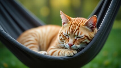 adorable ginger kitten napping peacefully in a gray hammock outdoors