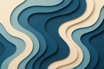 Fototapete - An abstract paper cut background in shades of blue and beige, creating a modern and elegant layered effect with smooth, flowing curves and subtle shadow play.